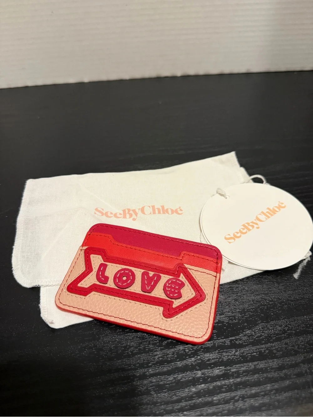 See By Chloé pink and red 'LOVE' leather card holder